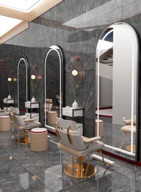 网理发店镜台L高档发专用镜子红落地带ED灯烫染壁UTQ挂式廊美发店