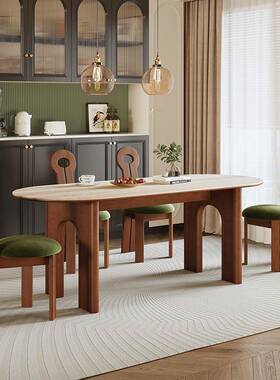 中法复古实木桌设计师餐款网PGQ红小户型古风长方形洞石岩板餐式