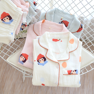 春夏薄款纯棉纱布月子服产后哺乳睡衣长袖长裤全棉V绉布产妇家居