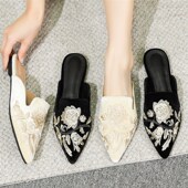 春鞋 女 女平底外穿绣花凉拖鞋 2025新中式 国风刺s绣尖头包头半拖鞋