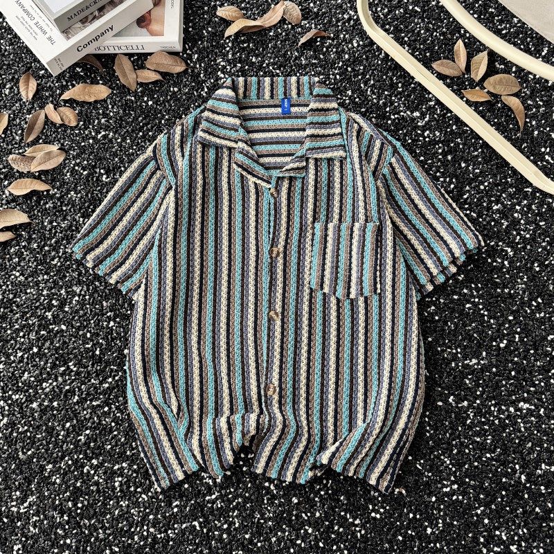 镂空凉感拼接短袖衬衫男生翻领编织条纹混色休闲半截袖衬衣日系风