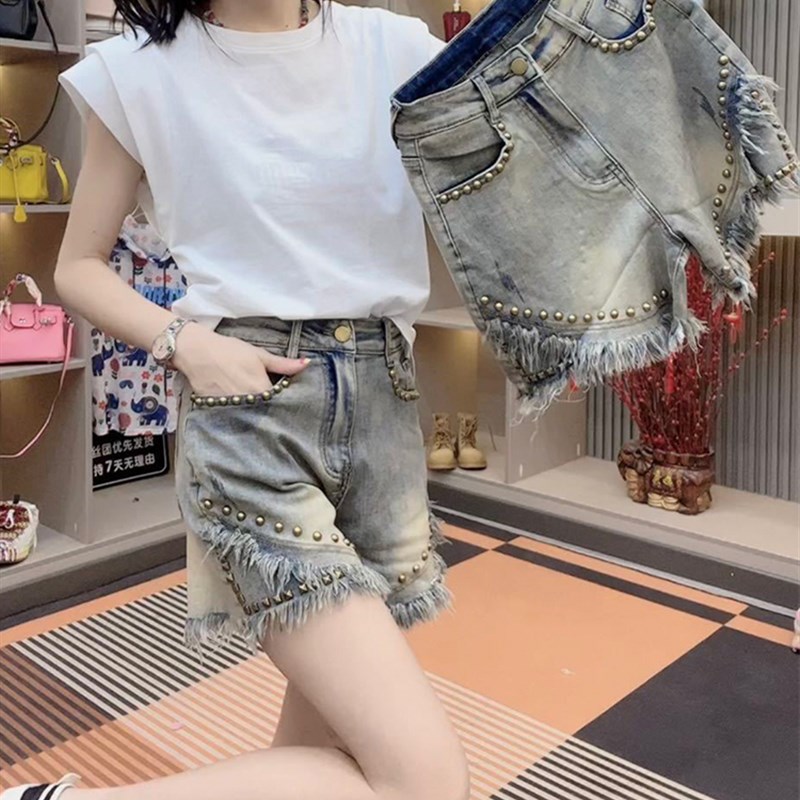 梨型身材裤子大码薄款铆钉牛仔短裤女夏季胖mm宽松显瘦中裤五分裤