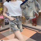子大码 胖mm宽松显瘦中裤 薄款 梨型身材裤 铆钉牛仔短裤 女夏季 五分裤