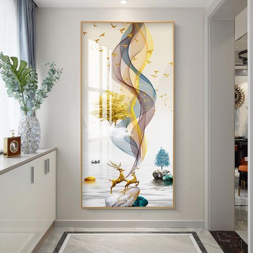 玄关装饰画竖版现代简约新款楼梯过道走G廊轻奢麋鹿晶瓷画2022网