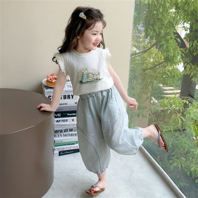 女童韩系套装夏季2025新款儿童洋气飞袖上衣女宝宝纯棉T恤灯笼裤