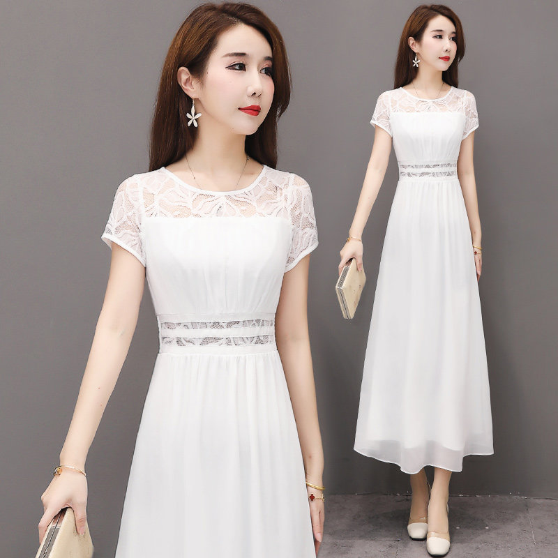 白色雪纺连衣裙夏季女装2021新款蕾丝镂空裙子圆领超仙露肩长裙夏