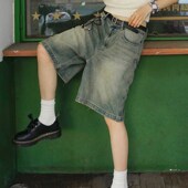 五分裤 大码 子 2024新款 高腰宽松阔腿中裤 美式 做旧复古直筒牛仔短裤