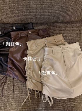 女童2023春装新款抽绳pu皮半身裙松紧高腰抽绳褶皱包臀短裙绑带裙