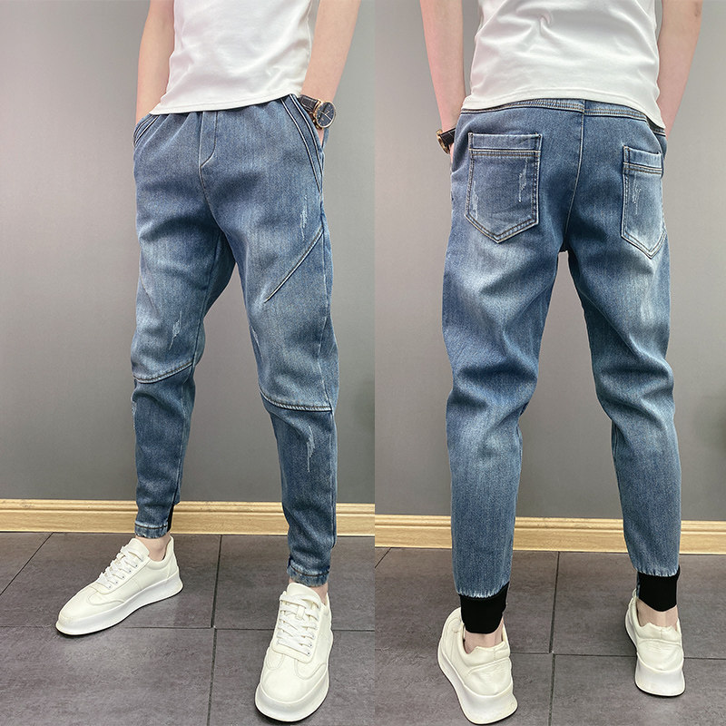 冬季潮流加绒加厚韩版百搭蓝色束脚裤青年男士修身小脚休闲牛仔裤