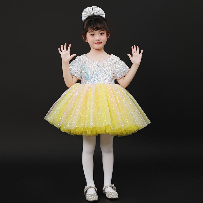 元旦儿童亮片蓬蓬裙演出服幼儿园走秀公主裙小主持表演服纱裙黄色