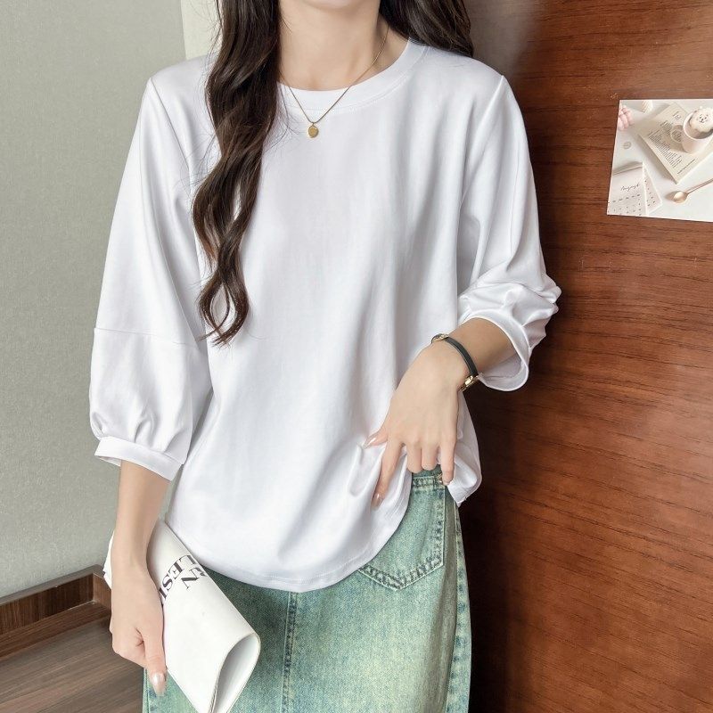 纯棉白色t恤女七分灯笼袖宽松2024春夏新款温柔风遮肉显瘦T桖上衣