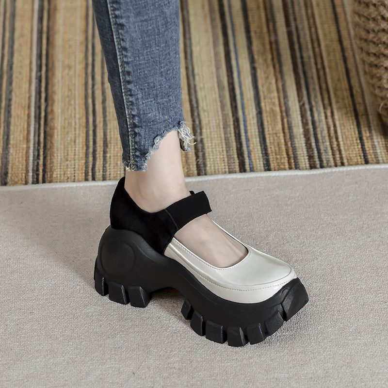 女鞋2025春秋新款粗高跟厚底松糕魔术贴一字带休闲浅口单鞋小皮鞋,女鞋,深口单鞋,淘宝优惠券,粉丝福利购,淘宝优惠卷