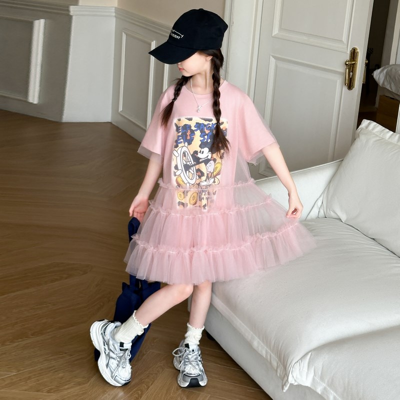 女童短袖T恤裙夏季2024新款儿童时髦裙子夏装女孩纱裙洋气公主裙
