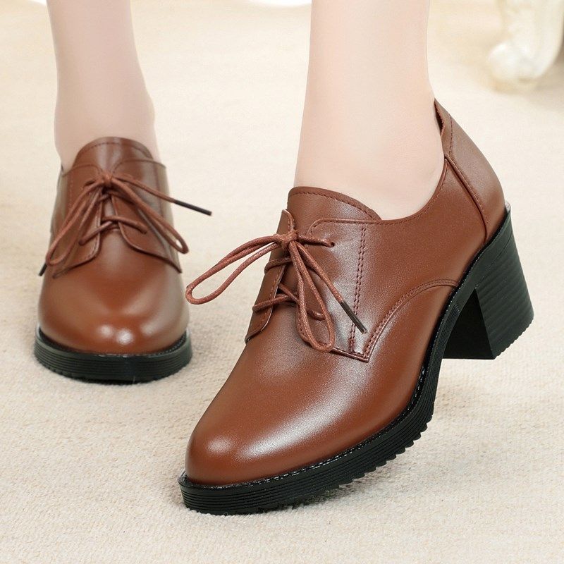休闲系带小皮鞋女粗跟中跟真皮牛皮软底圆头单鞋春秋妈妈鞋工作鞋,女鞋,深口单鞋,淘宝优惠券,粉丝福利购,淘宝优惠卷