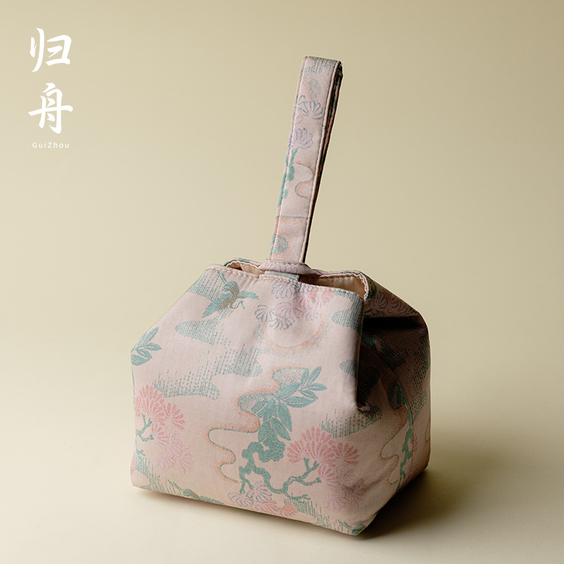 弥溪精致缎面字手腕包松鹤粉庭茶事包女士手提布包旅行茶具收纳包