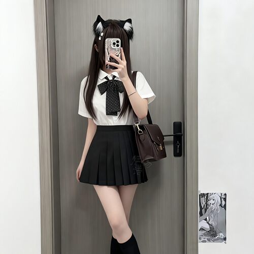原创36cm狗短JK短裙A字黑
