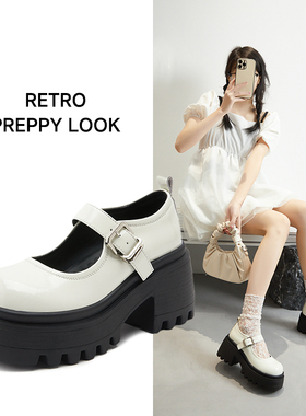 欧贝婷覆古厚底玛丽珍鞋夏季新款粗跟增高黑色jk小皮鞋学院风女鞋