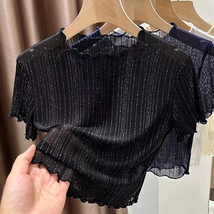 黑色网纱木耳边蕾丝短款 女夏季 上衣 纱衣打底衫 吊带裙内搭T恤短袖