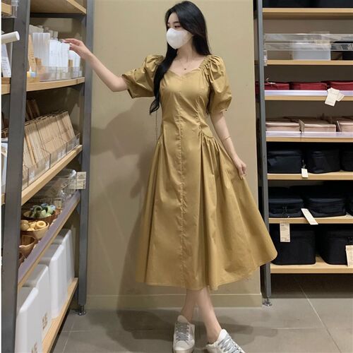 辣妈款外出哺乳连衣裙法式气质收腰显瘦简约带口袋产后喂奶裙子夏