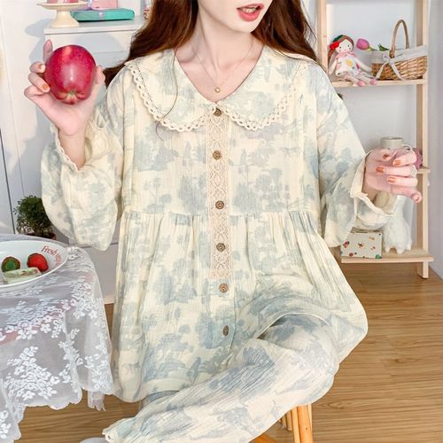 纯棉纱布月子服夏季薄款产后8月份大码孕妇睡衣女春秋哺乳两件套9