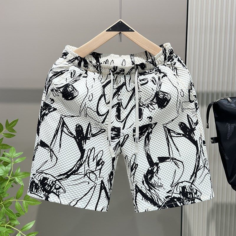 速干薄款男士短裤夏季潮流宽松印花沙滩裤衩休闲中裤直筒五分裤子