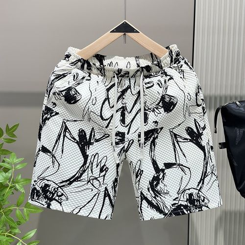 速干薄款男士短裤夏季潮流宽松印花沙滩裤衩休闲中裤直筒五分裤子