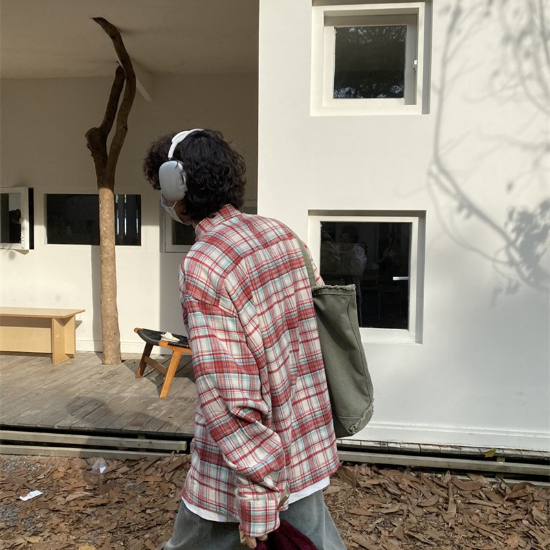 春秋美式复古格子衬衫男磨毛风琴口袋古着宽松慵懒风长袖衬衣外套