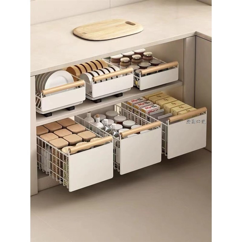新款免打孔碗架碟架橱柜抽v屉式厨房滑轨抽拉式碗盘子沥水置物架