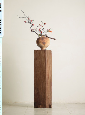 侘寂风实木墩底座中古风柱子雕塑台客厅茶室落地装饰民宿复古摆件