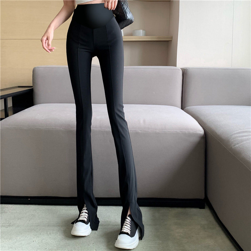 孕妇裤春秋款大码紧身托腹打底裤开叉加长喇叭拖地裤黑色宽松长裤