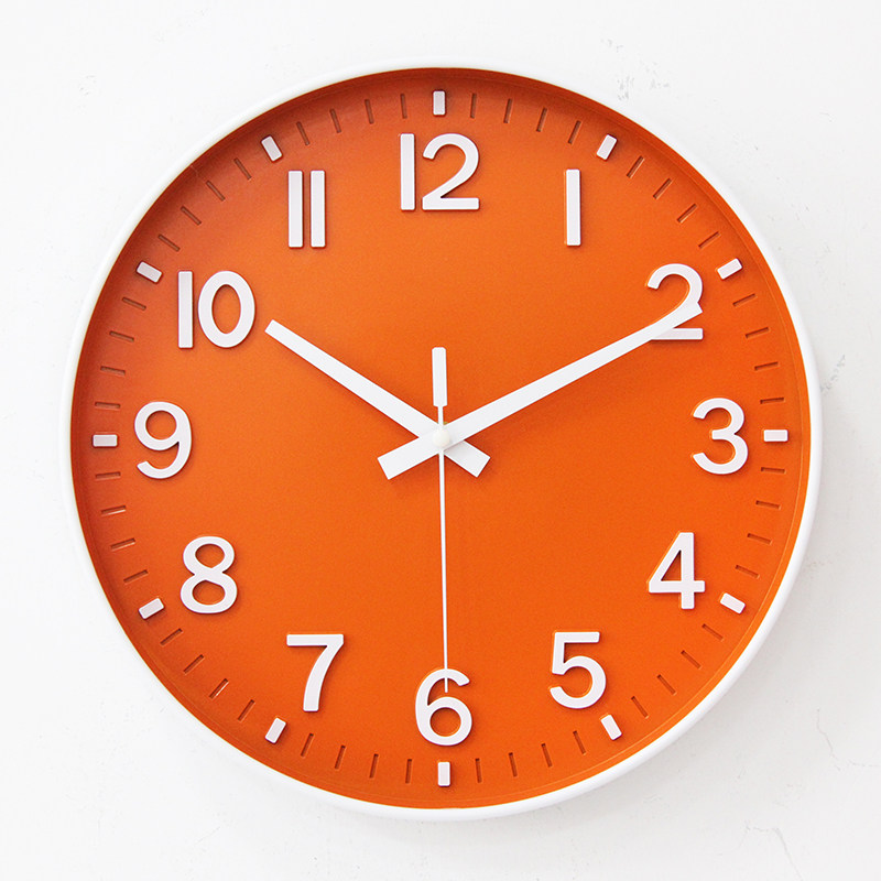 数字表简约北欧挂钟客厅静音橘草绿圆形卧室时钟无声12寸挂表30cm