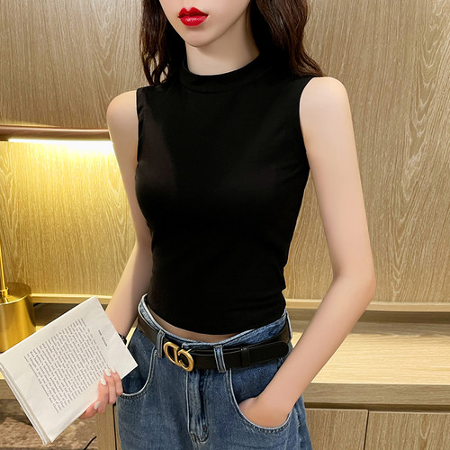 黑色半高领小背心女外穿夏2022新款纯棉无袖t恤内搭紧身打底上衣