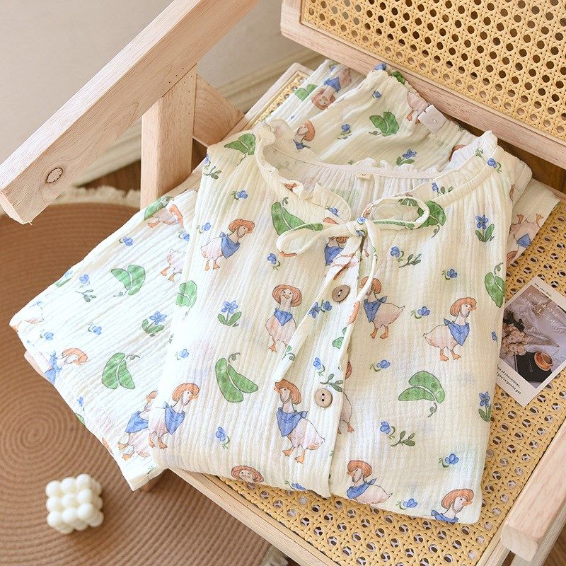 春季新款可爱鸭纯棉纱布哺乳月子服产后喂奶家居服睡衣女孕妇套装