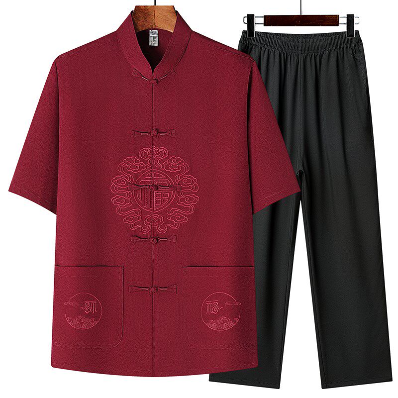 唐装男款中老年爸爸装短袖套装中国风父亲装中式衣服老人爷爷衬衫