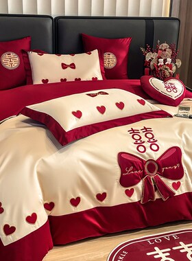 高颜值婚庆长e绒棉100支床上用品结婚四件套陪嫁红色喜被乔迁送礼