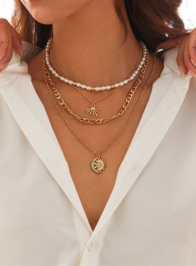 4件套镶钻太阳仿珍珠金属链项链套装 夏季个性小众时尚叠戴颈链潮