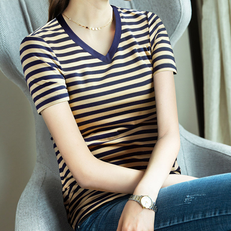 V领条纹T恤短袖女宽松2022新款夏季上衣显瘦韩版体恤内搭打底衫潮