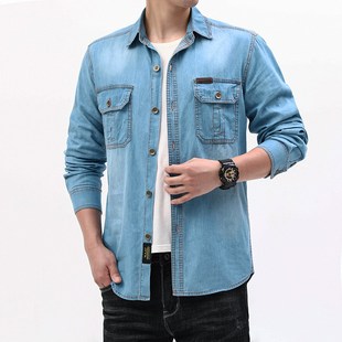 复古工作服衬衫 男装 男长袖 衬衣修身 质感外套 休闲牛仔耐磨薄款 美式