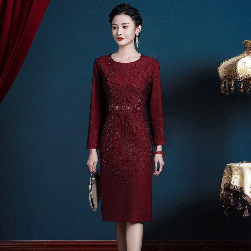 喜婆婆婚宴装连衣裙女冬季加绒高贵洋气年轻款丈母娘婚礼妈妈礼服