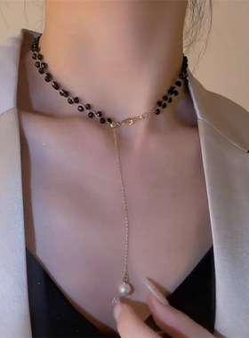 冷淡风黑色水晶项链女可抽拉日韩简约气质颈链网红高级感锁骨链