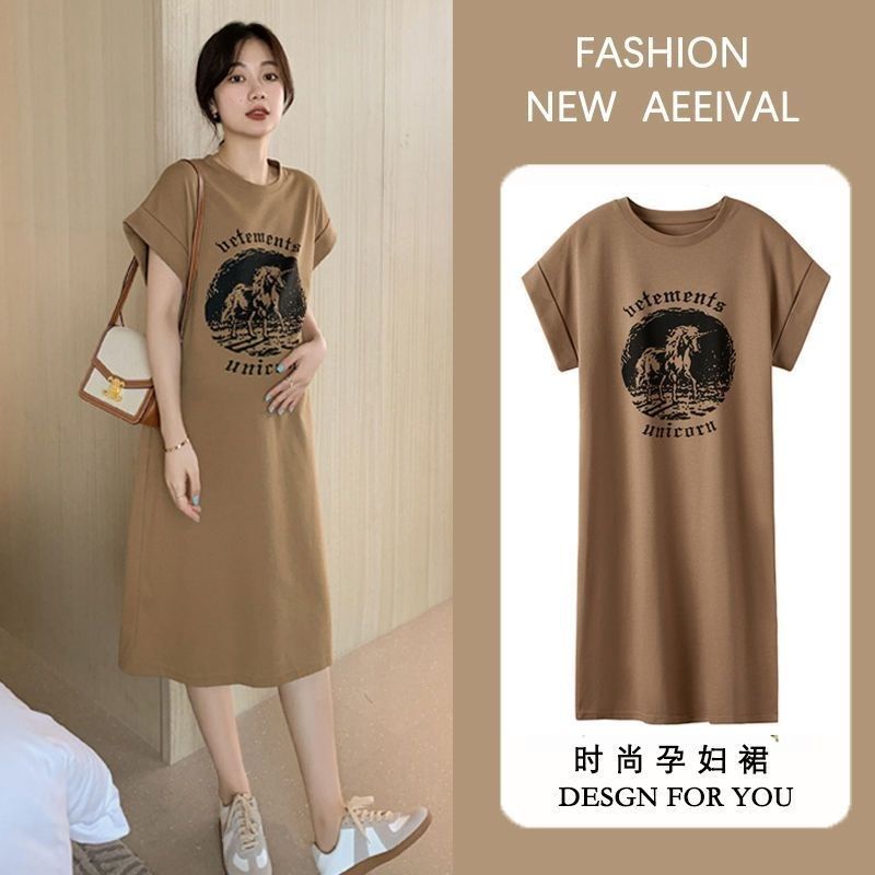 孕妇短袖连衣裙2024年新款减龄覆古印花t恤宽松中长款潮妈夏天裙