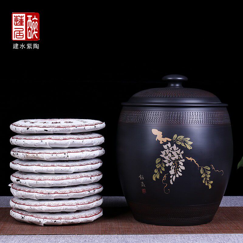 357克7饼装建水紫陶茶叶罐储茶缸保鲜罐/铭昇彩填腰鼓七饼缸 B30