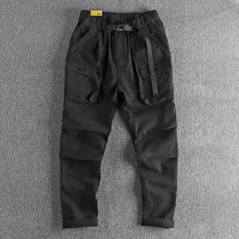阿美咔叽潮流立体裁剪工装休闲裤男 纯色复古卡扣腰带设计长裤子