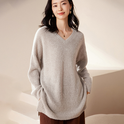 高端中长款臻绒圆领100%纯山羊绒宽松大码女落肩袖毛衣秋冬打底衫