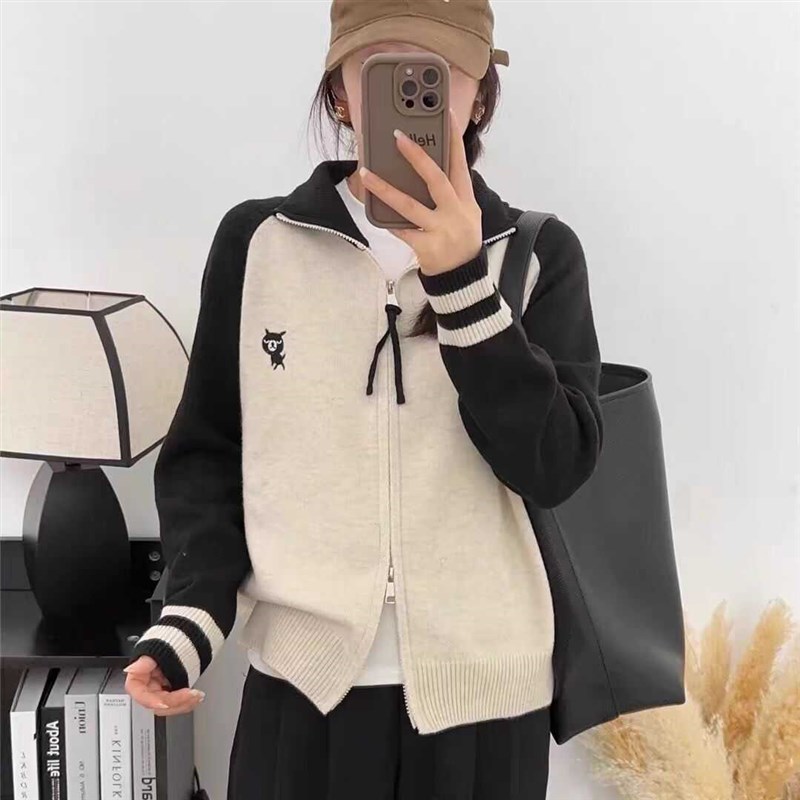 2024秋冬新款撞色立领拉链开衫女毛衣外套韩系慵懒风长袖针织上衣