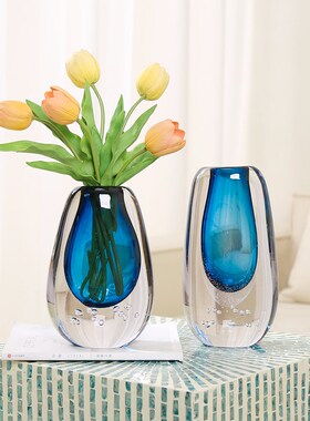 轻奢蓝色艺术气泡琉璃花瓶高级y感花器摆件客厅插花餐桌茶几装饰