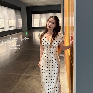 宝儿姜法式波点连衣裙女长款夏季轻奢高级感修身小个子到脚踝礼服