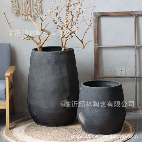 侘寂风黑陶e缸复古字画陶罐花园造景园林手工土陶透气大型民宿装
