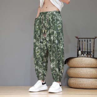 子男夏季 阔腿灯笼裤 薄款 束脚哈伦九分休闲裤 速干碎花沙滩裤 冰丝裤