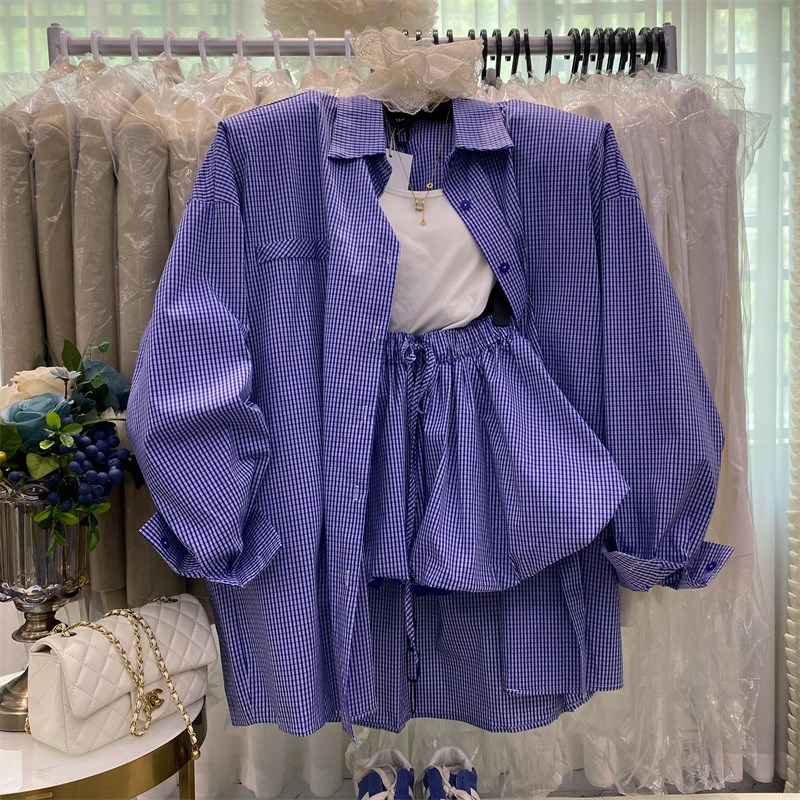 格子控慵懒风衬衫短裙套装宽松显瘦衬衣外套配A字半身裙两件套潮